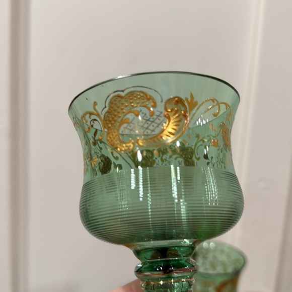 Vintage Bohemian Green Art Glass Gold Detailing Goblets Set of 3 - Picture 3 of 8